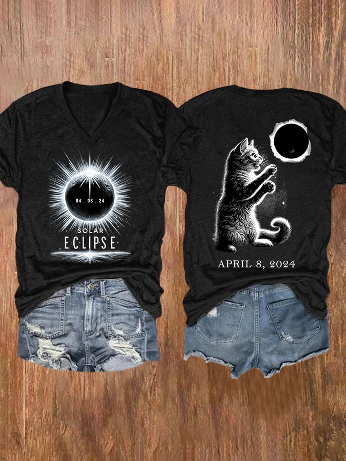 V-neck Retro Cat Hello Darkness My Old Friend Solar Eclipse Of April 8. 2024 Print T-Shirt