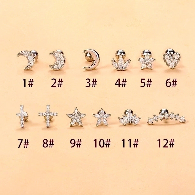 Fashion Star Moon Stainless Steel Plating Zircon Ear Studs 1 Piece