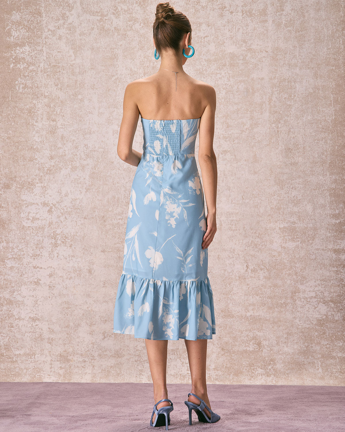 The Blue Ruffle Trim Strapless Floral Midi Dress