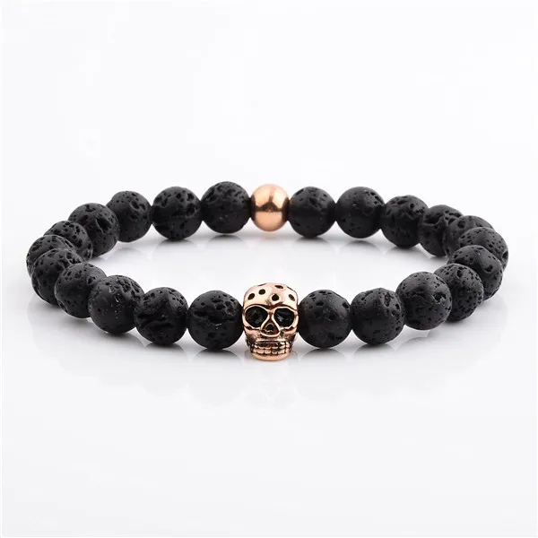 8MM Lava Stone Natural Stone Bracelet Stainless Steel Skull Rose Gold Plated bead bracelet for men