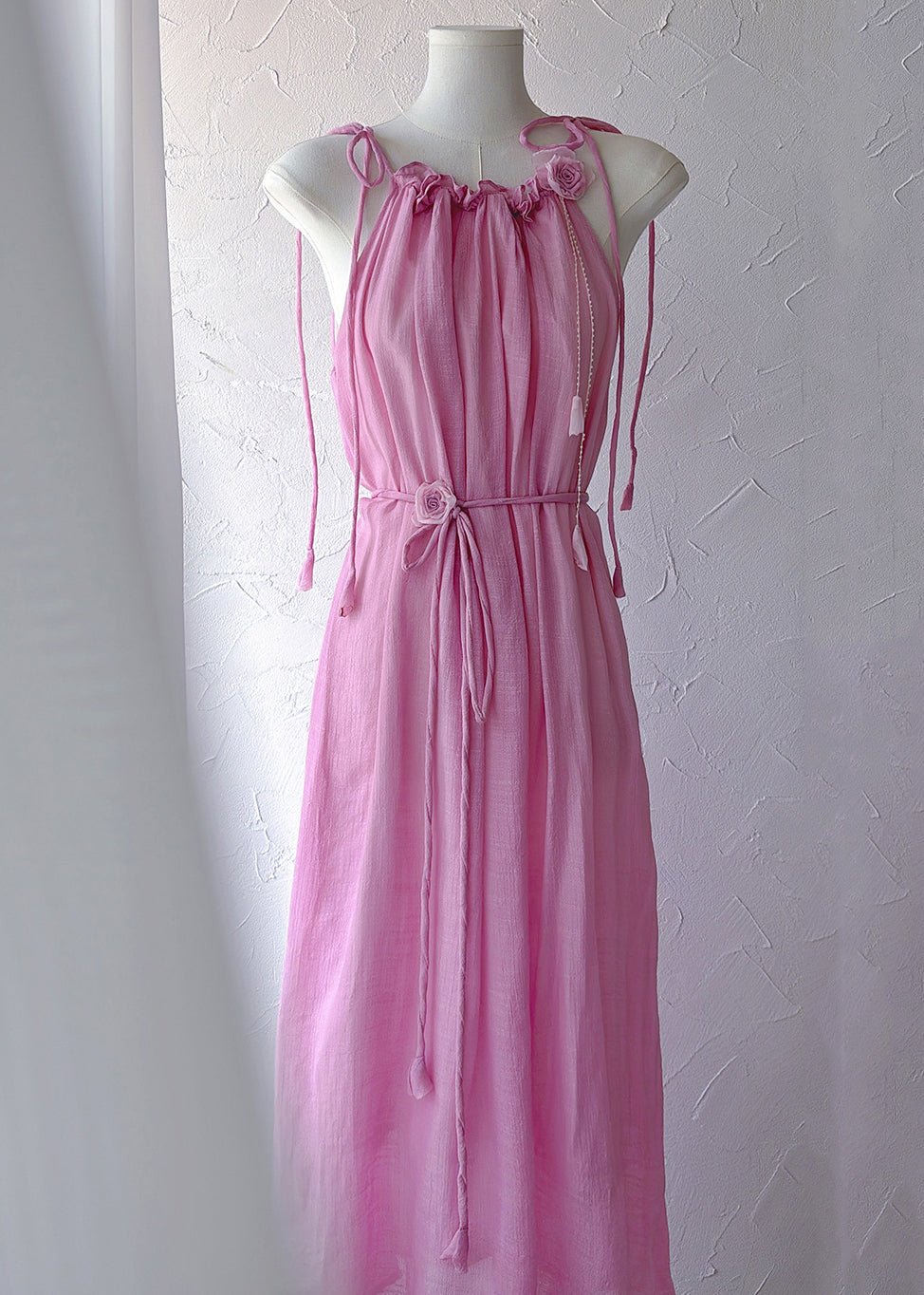 Women Pink Ruffled Lace Up Cotton Long Dress Sleeveless