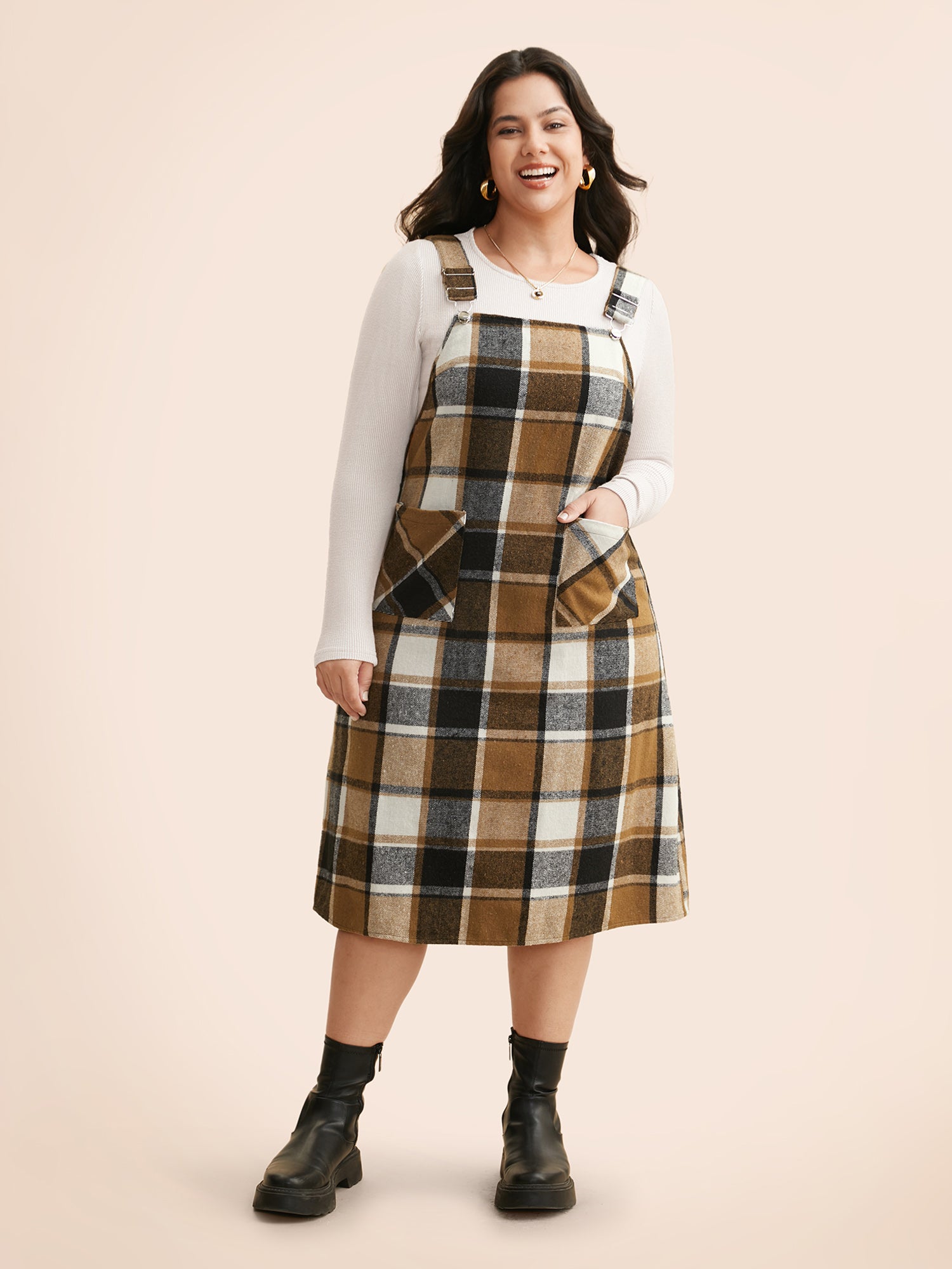 Plaid Patch Pocket Overall Dress