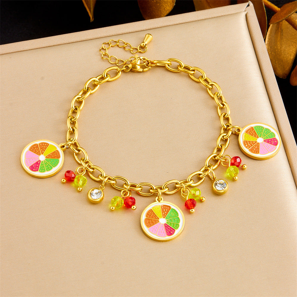 Fashion Small Fresh Cartoon Color Oil Drop Lemon Avocado Watermelon Pineapple Pendant Stainless Steel Bracelet