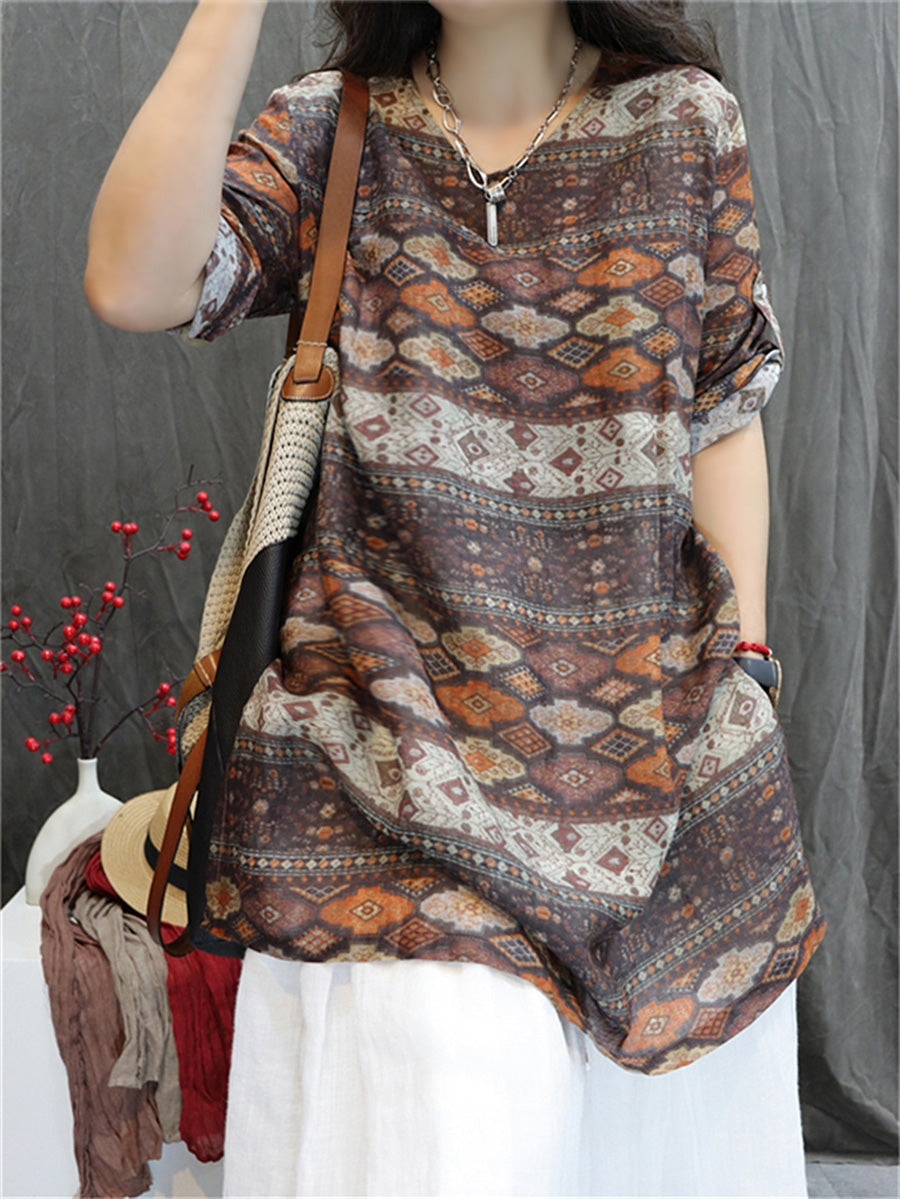 Women Summer Retro Geometric V-Neck 100%Ramie Shirt
