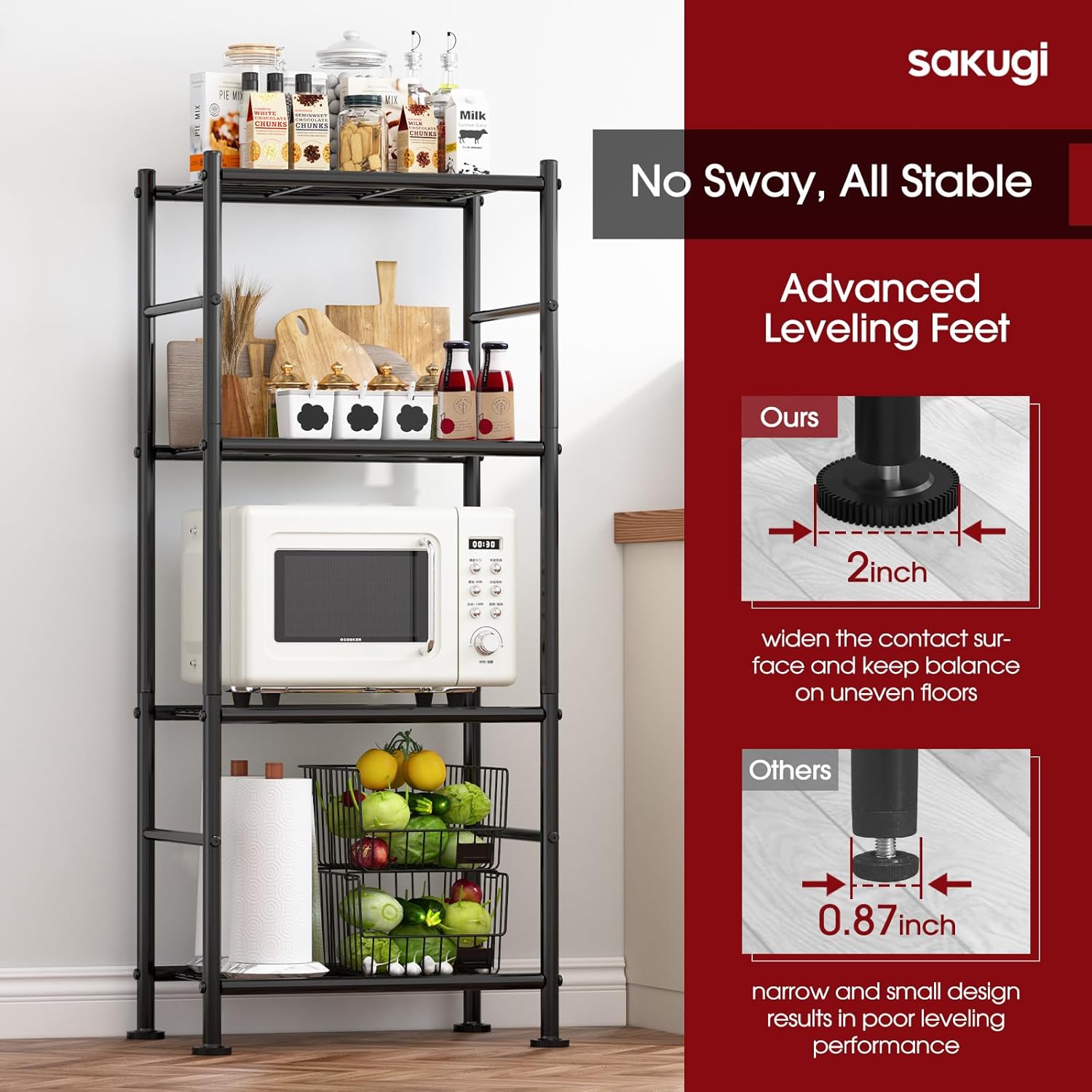Storage Shelves - 5 Tier Shelf Organizer, Heavy Duty Garage Shelving Unit with Leveling Feet, Stable Metal Shelves Organizer for Pantry, Kitchen and Closet, 33.0