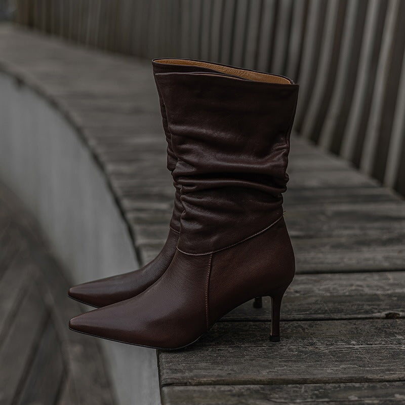 Handmade Horse Leather Point Toe 75mm High Heels Boots For Women In Brown/Black/Grey