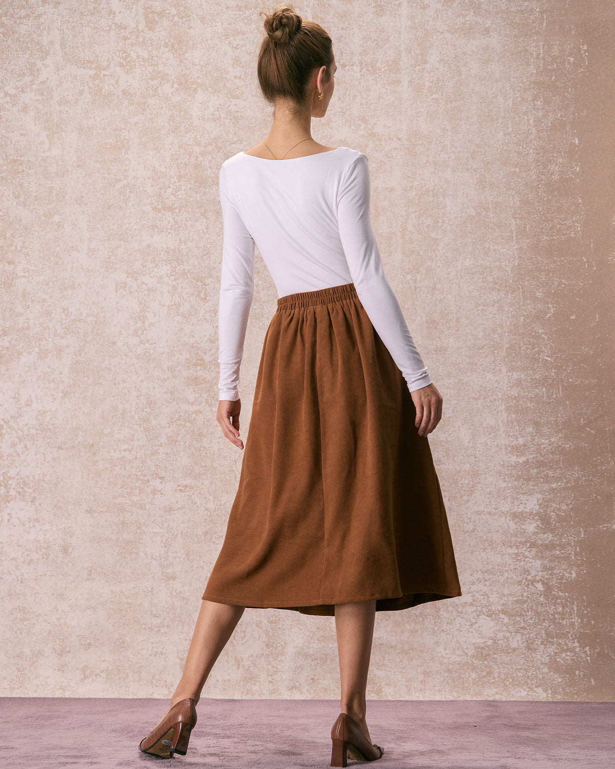 The Brown Elastic Waist Pleated Midi Skirt