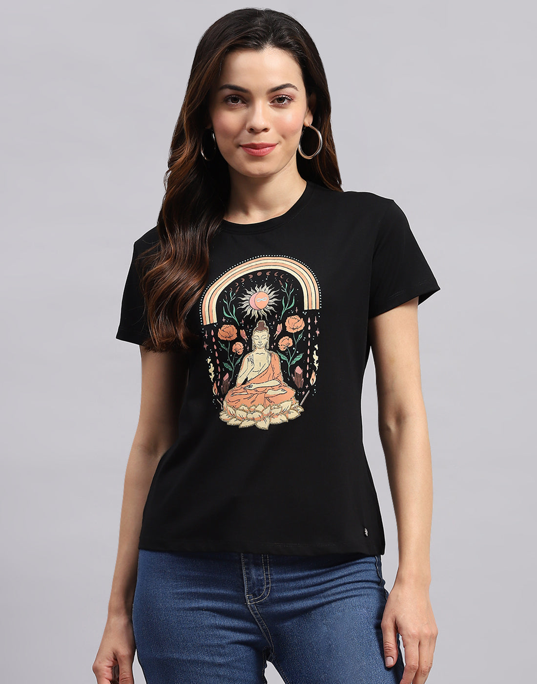 Women Black Printed Round Neck Half Sleeve Top