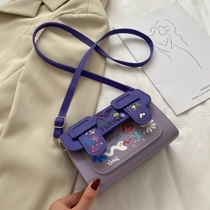 Medium Pu Leather Square Bag Graffiti Cambridge Bag