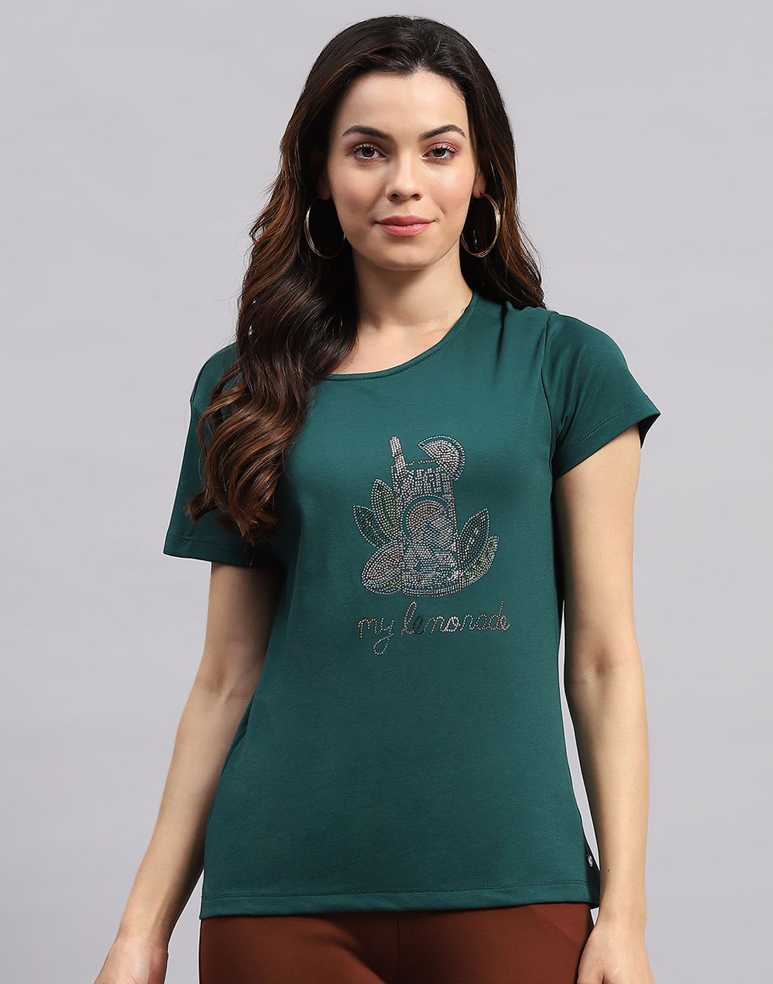 Women Green Printed Round Neck Half Sleeve Top