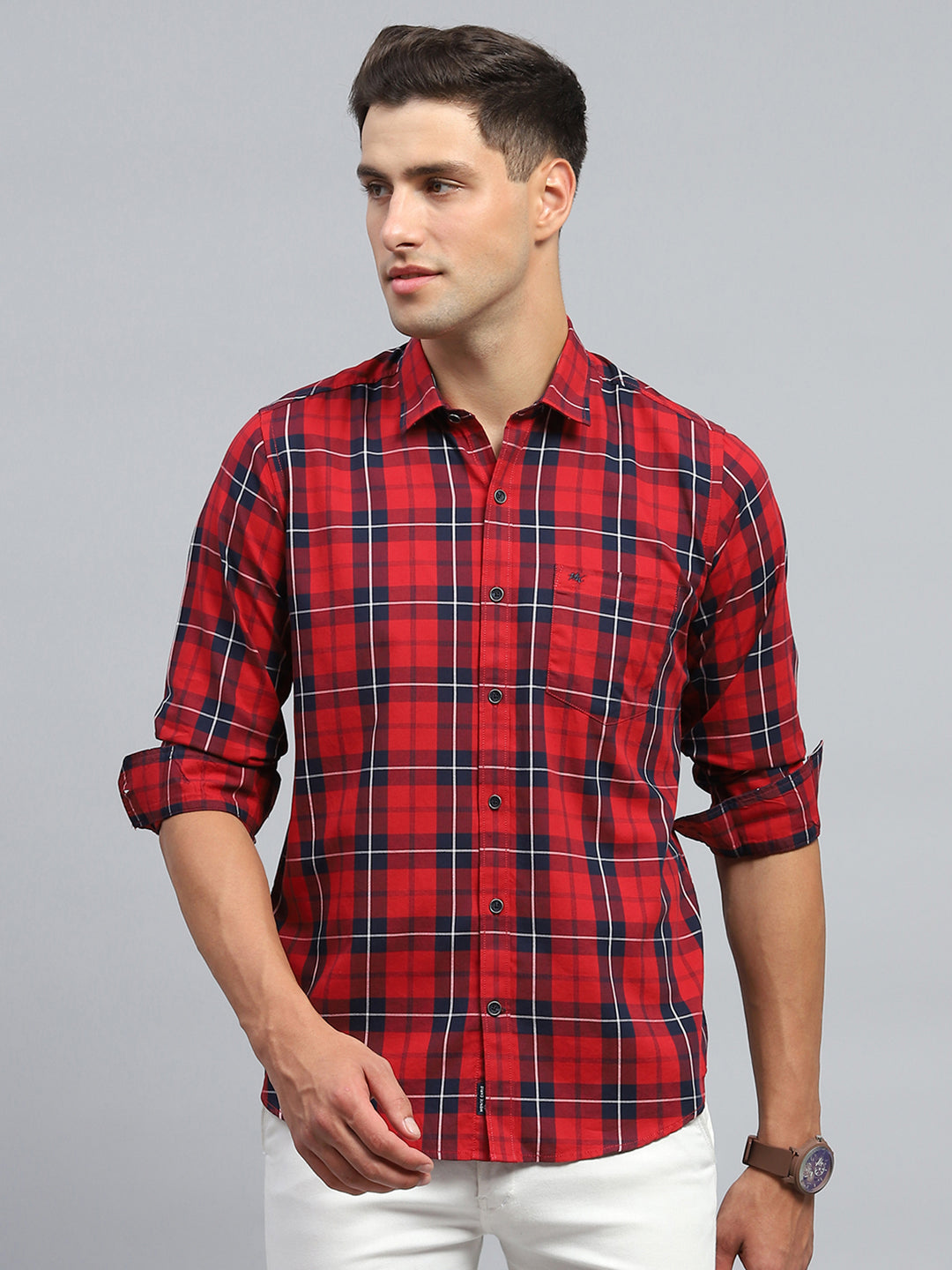 Men Red Check Collar Full Sleeve Shirt