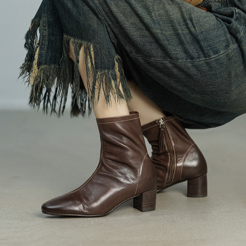 Horse Leather Western Boots Short Boots Side Zip For Women In Black/Brown/Apricot