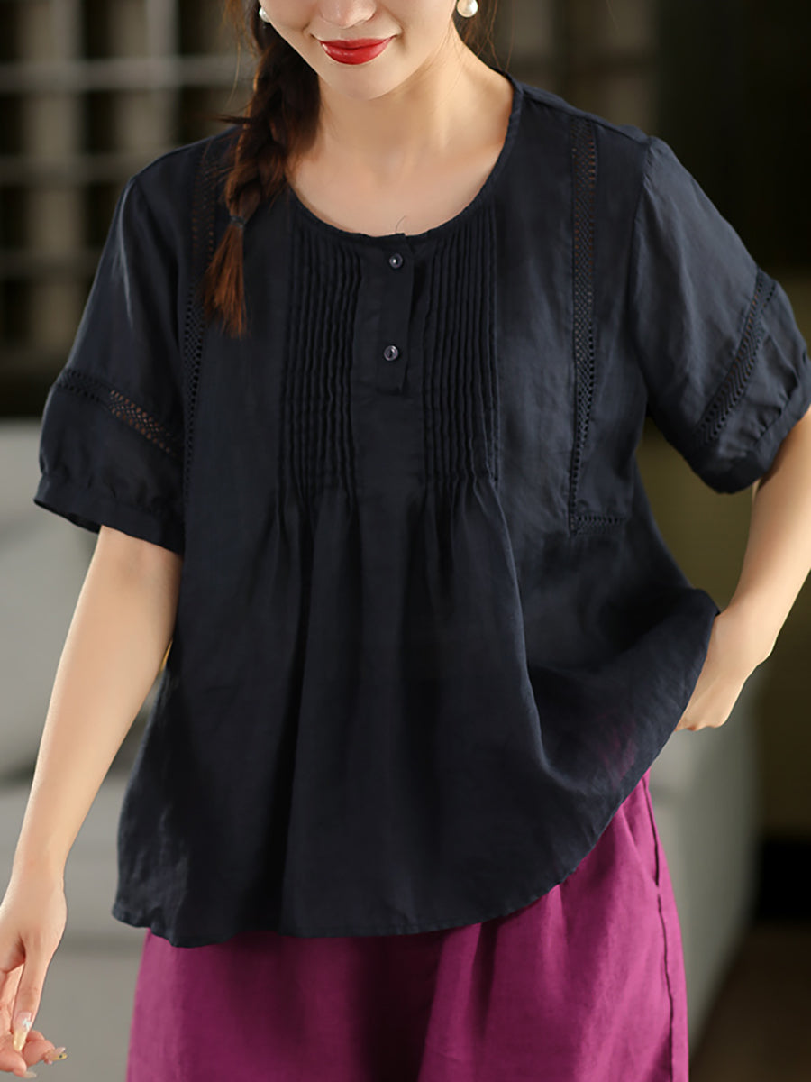 Women Summer Artsy Shirred O-Neck 100%Ramie Shirt