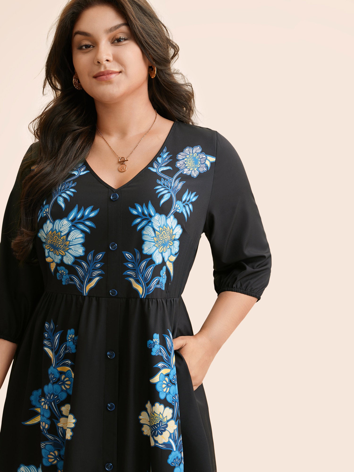 Boho Print Lantern Sleeve Midi Dress