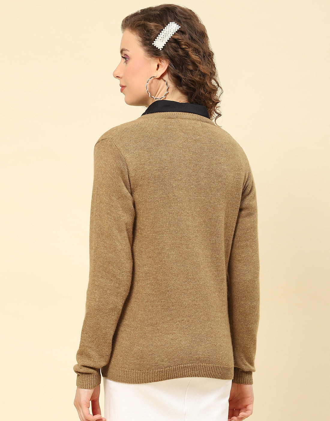 Women Brown Solid V Neck Full Sleeve Cardigan