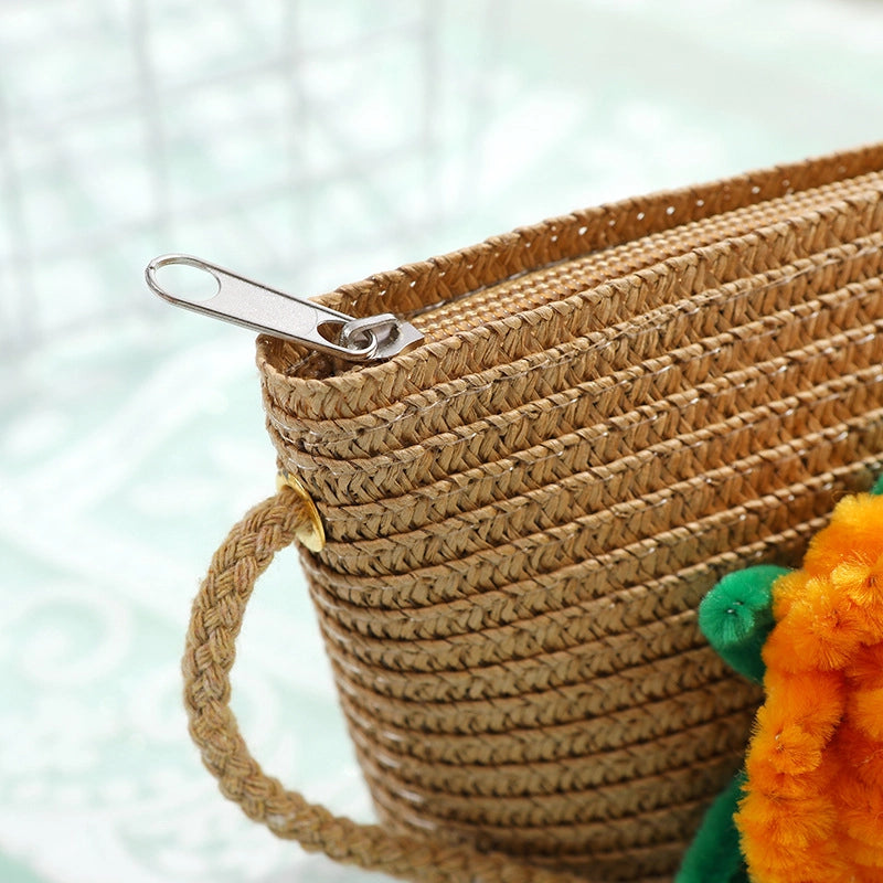 Women's Small Straw Solid Color Flower Vacation Beach Weave Round Zipper Straw Bag