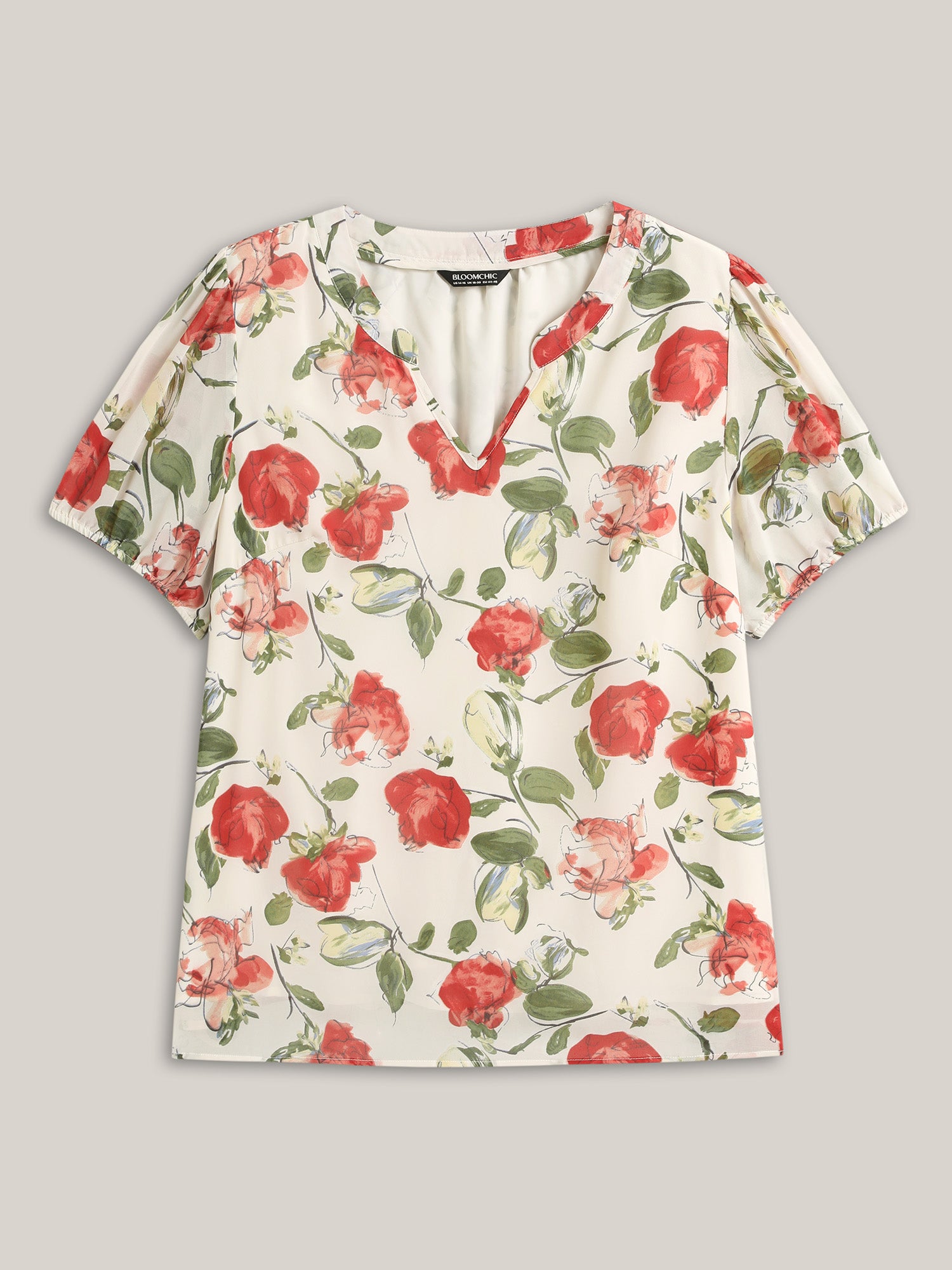 Rosy Print Sheer Notched Collar Blouse