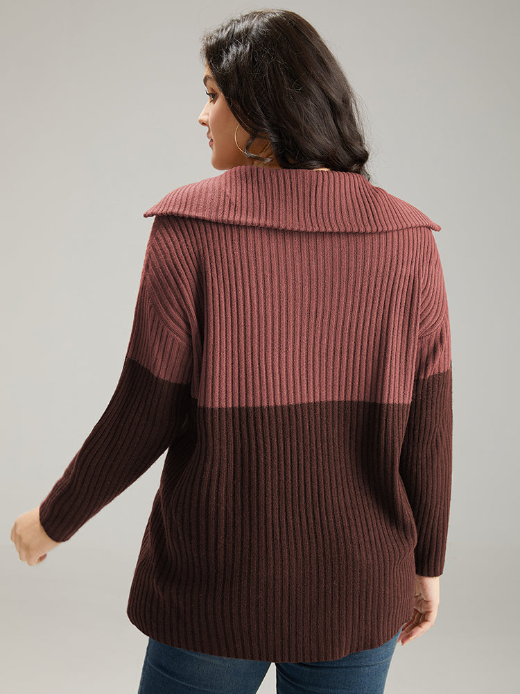 Colorblock Contrast Half Zip Lapel Collar Pullover