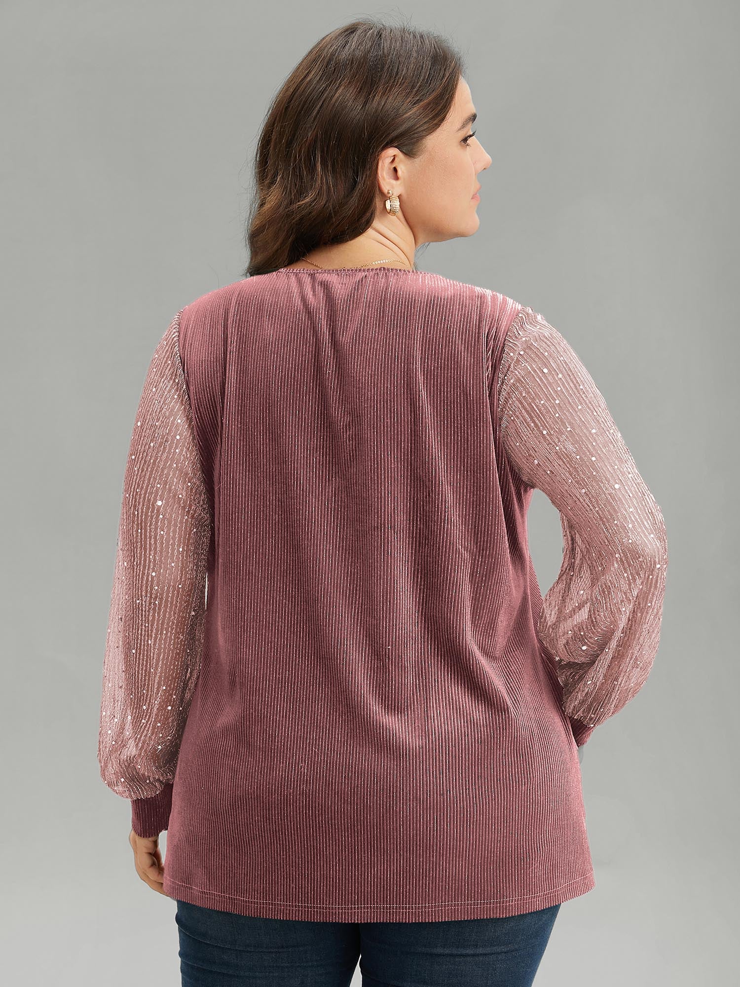 Velvet Patchwork Mesh Sequin Notched T-shirt