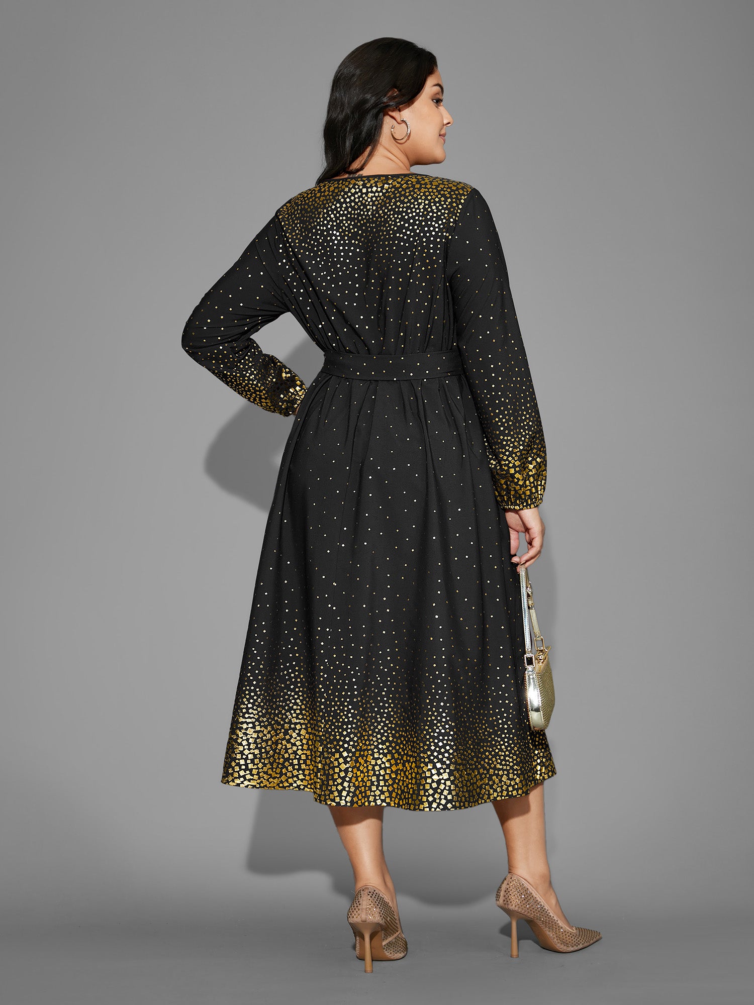 Glitter Round Neck Belted Lantern Sleeve Dress