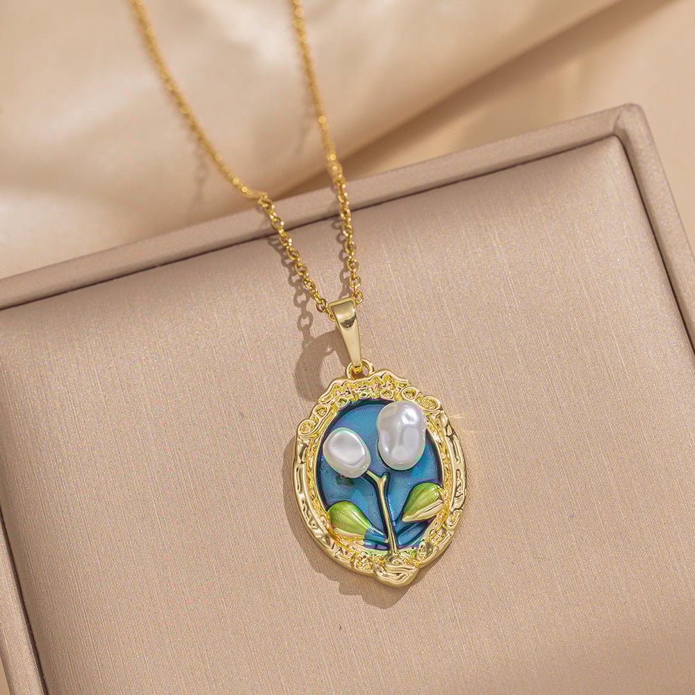 French Retro Oil Drop Baroque Freshwater Pearl Enamel High-Grade Painted Flower Pendant Necklace