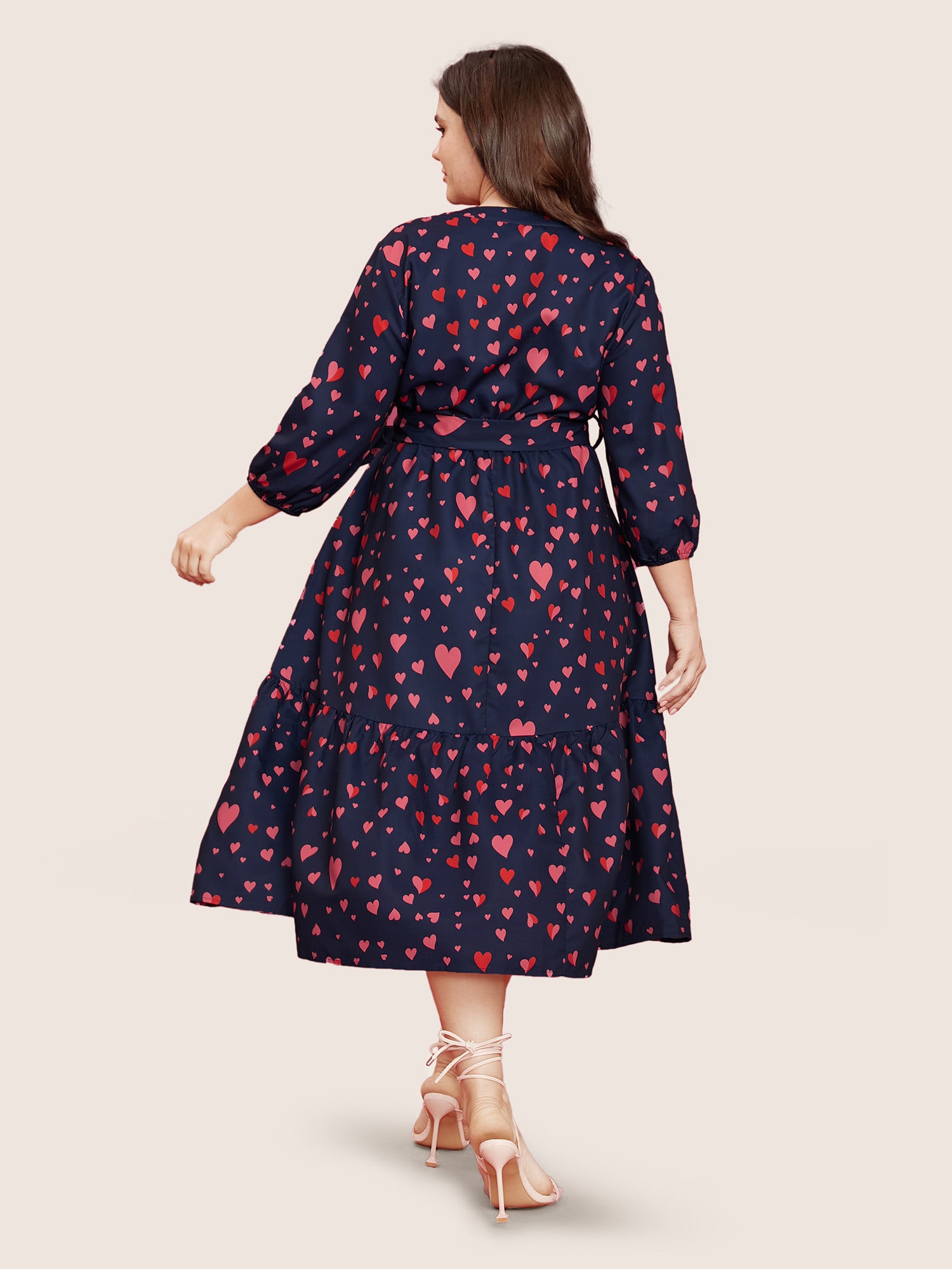 Heart Print V Neck Pocket Belted Lantern Sleeve Ruffles Dress