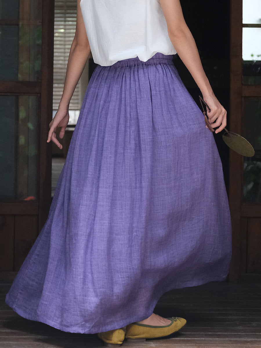 Women Summer Vintage Pure Color Ramie Skirt