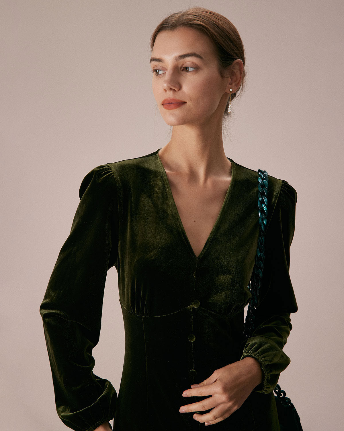 The Green V Neck Button Velvet Midi Dress