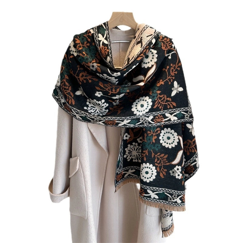 Women's Casual Retro Color Block Imitation Cashmere Flowers Scarf