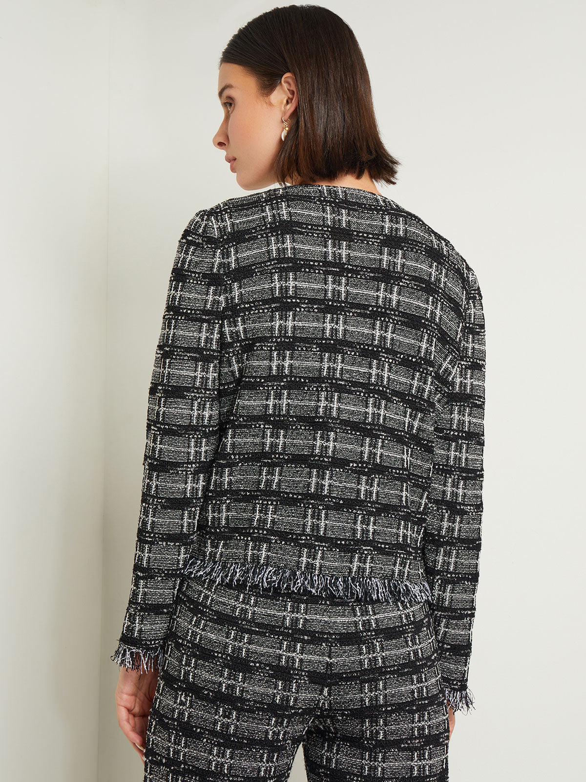 Rhinestone Accent Fringe Tweed Knit Jacket