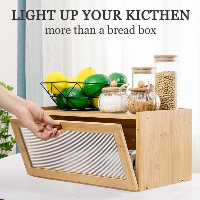 Large Bread Box Bread Basket Kitchen Counter Organizer - Roll Top Bread Box - Bread Box For Kitchen Countertop - Bamboo Wooden Boxes (Natural)