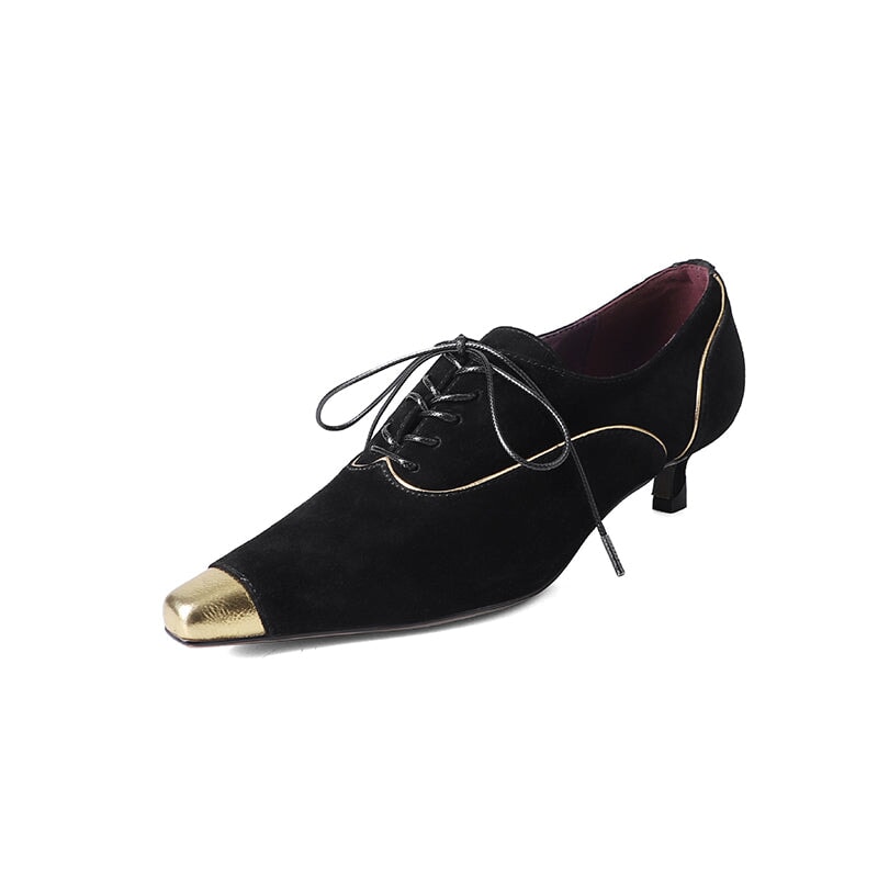 Women's Gold Pointed-Toe Lace-Up Suede Kitten Heel Dress Shoes in Brown/Black