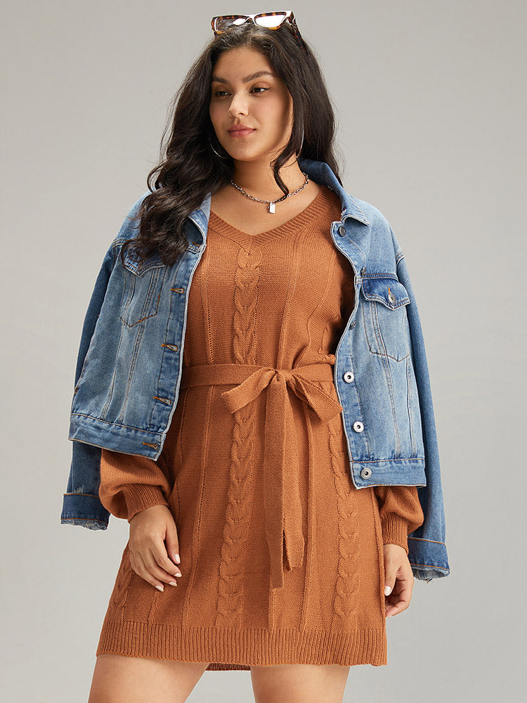 Cable Knit Belted Lantern Sleeve Sweater Dress