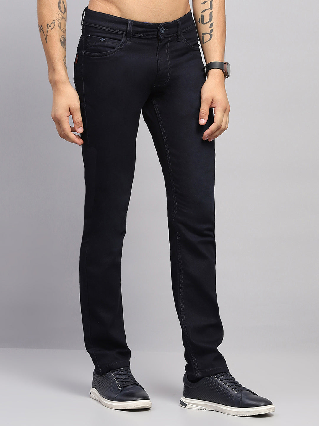 Men Navy Blue Solid Narrow Fit Denim