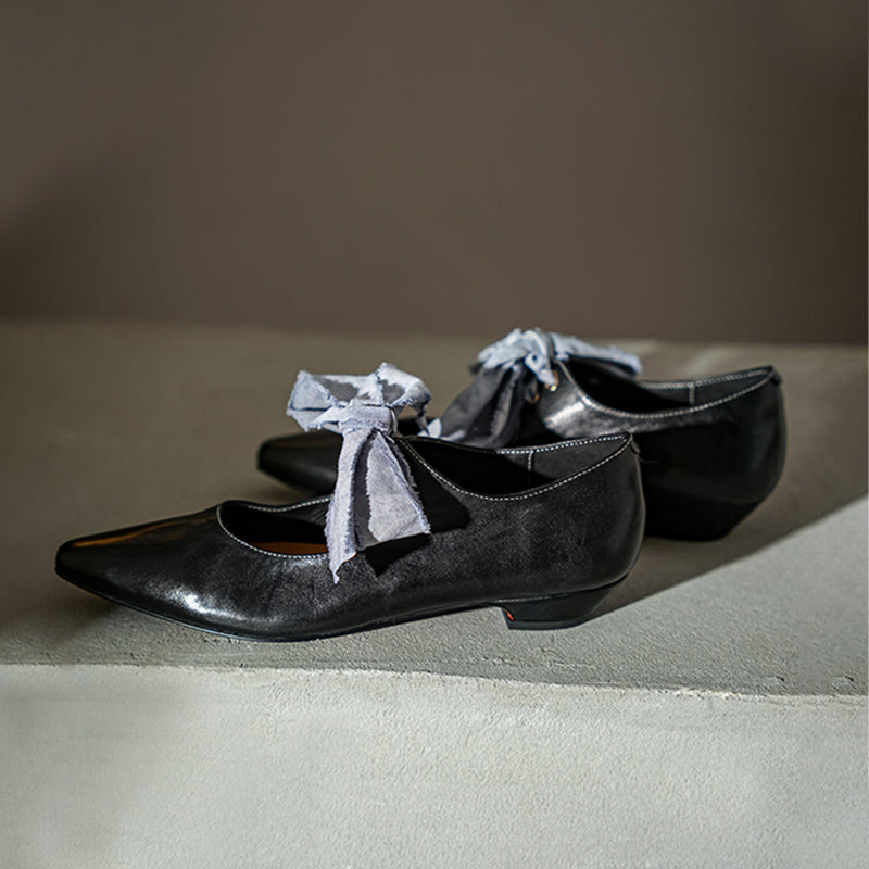 Horse Leather Retro Pointed Toe Ballet Flats Mary Jane Shoes with Bow-Tie Design Black/Blue/Yellow