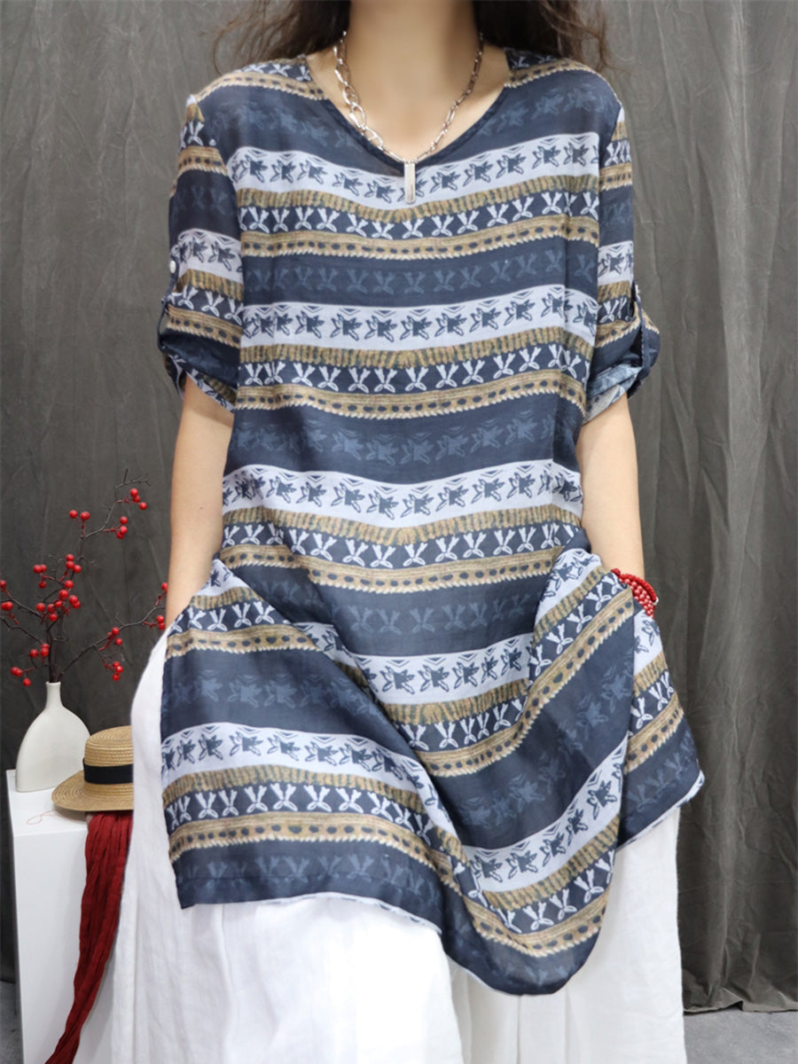 Women Summer Retro Geometric V-Neck 100%Ramie Shirt