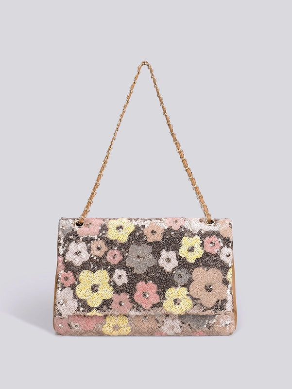 10 Pieces Women's Large Hemp Material Flower Elegant Sequins Square Flip Cover Crossbody Bag
