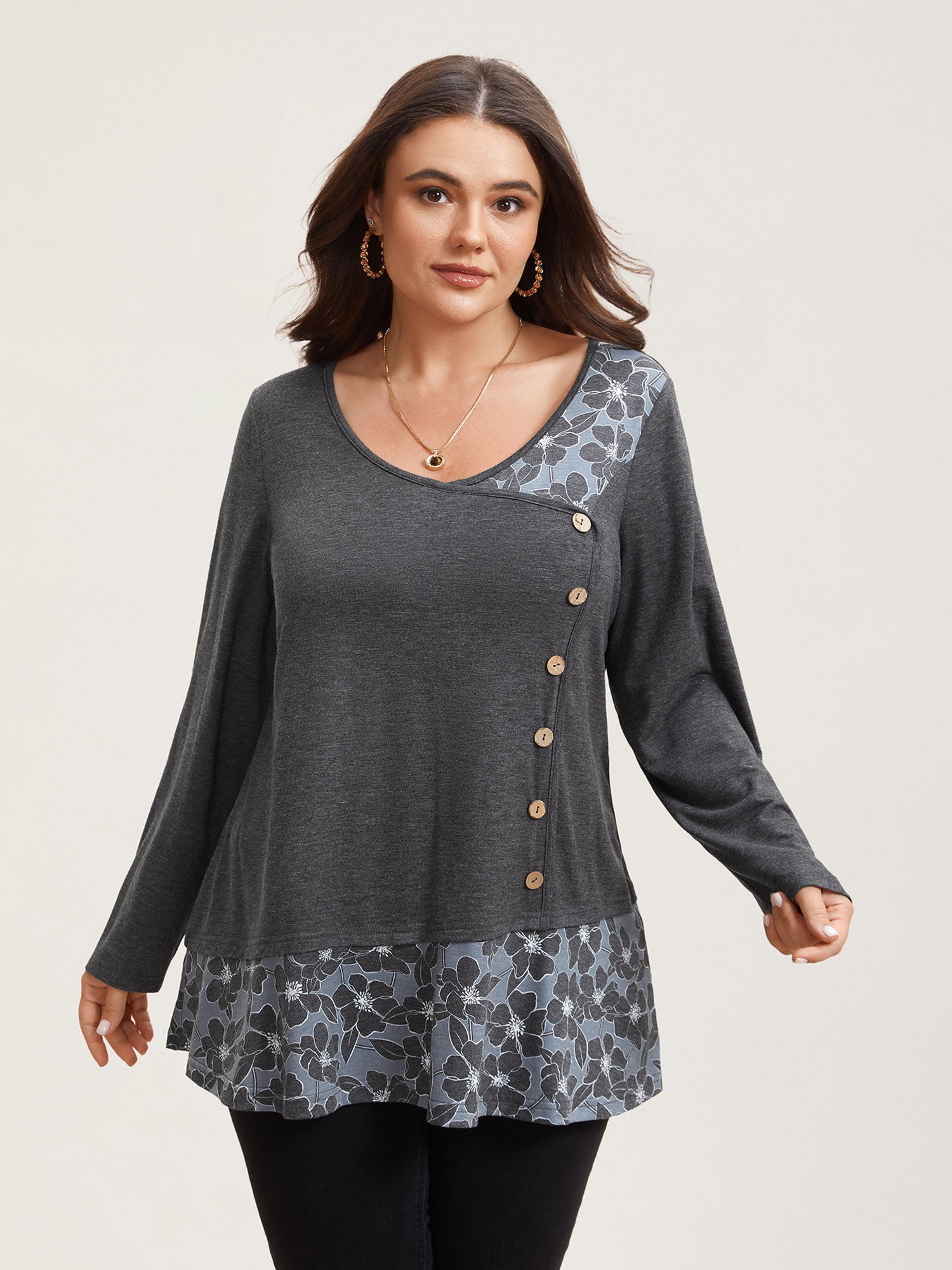 Printed Side-Buttons Wrap Knit Top
