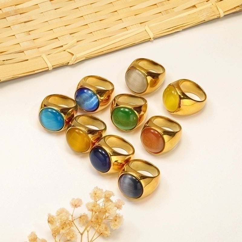 Vintage Style Minimalist Geometric Color Block Titanium Steel Plating Inlay Opal Rings