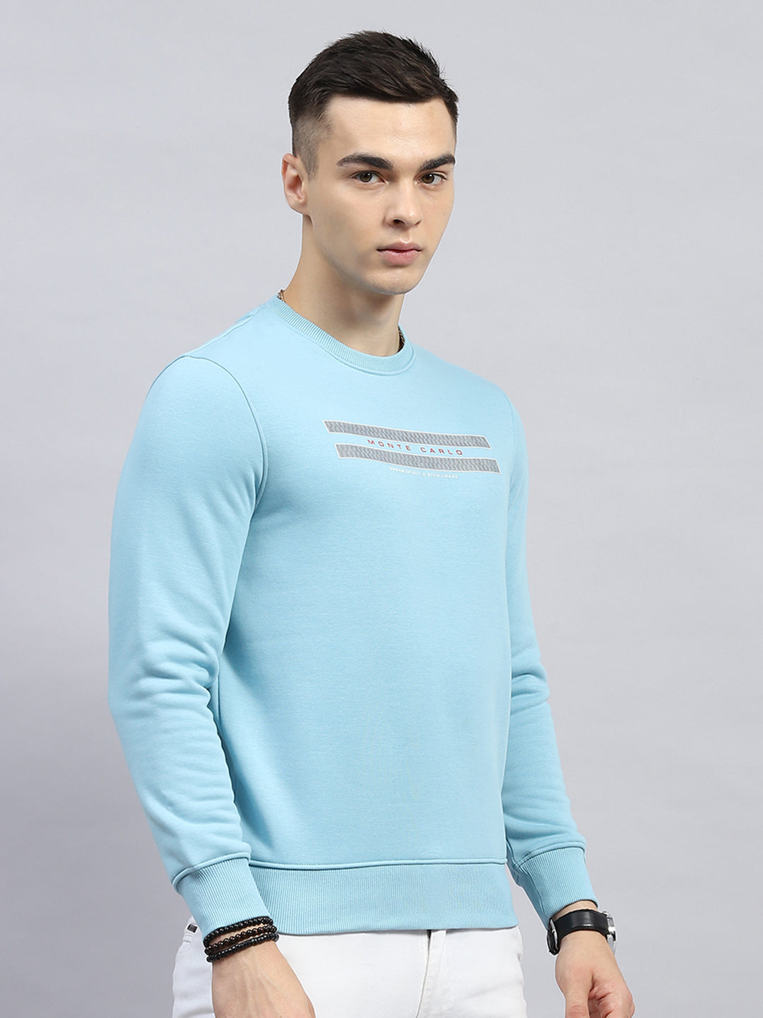 Men Sky Blue Printed Round Neck Full Sleeve Sweatshirt