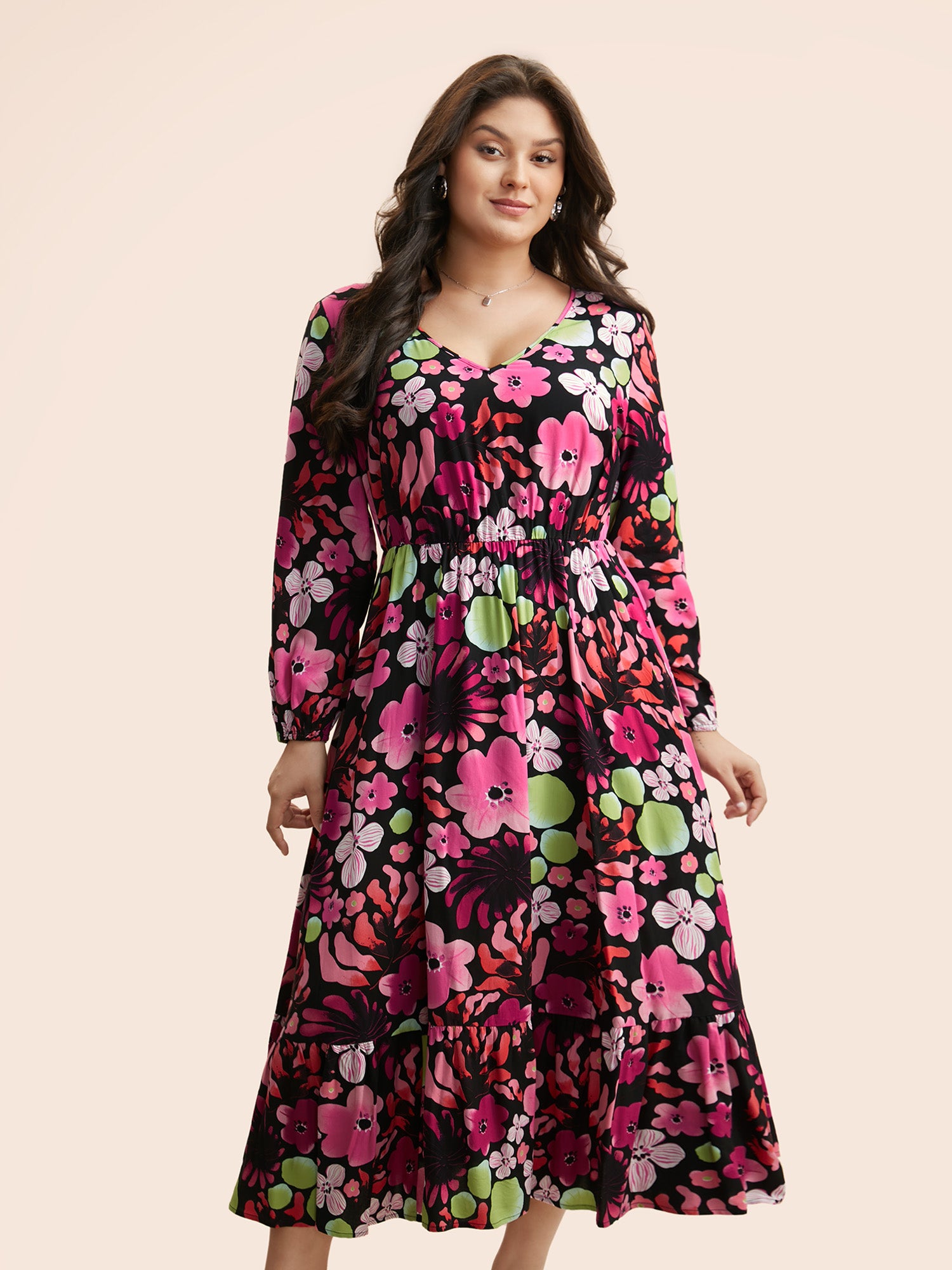 Floral V Neck Lantern Sleeve Dress