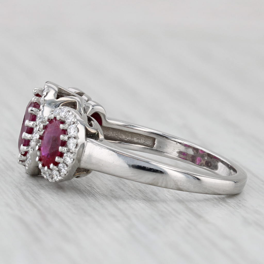 2.22ctw Ruby 3-Stone Diamond Halo Ring 14k White Gold Size 5.75