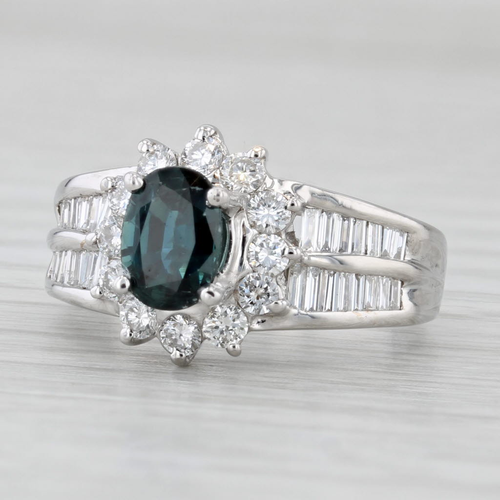 1.69ctw Blue Sapphire Diamond Halo Ring 18k White Gold Size 5.5
