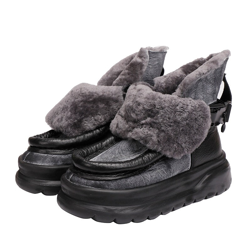 Soft Leather Warm Slip-On Ankle Boots Fleece Lined Platform Ankle Boots in Black&Gray