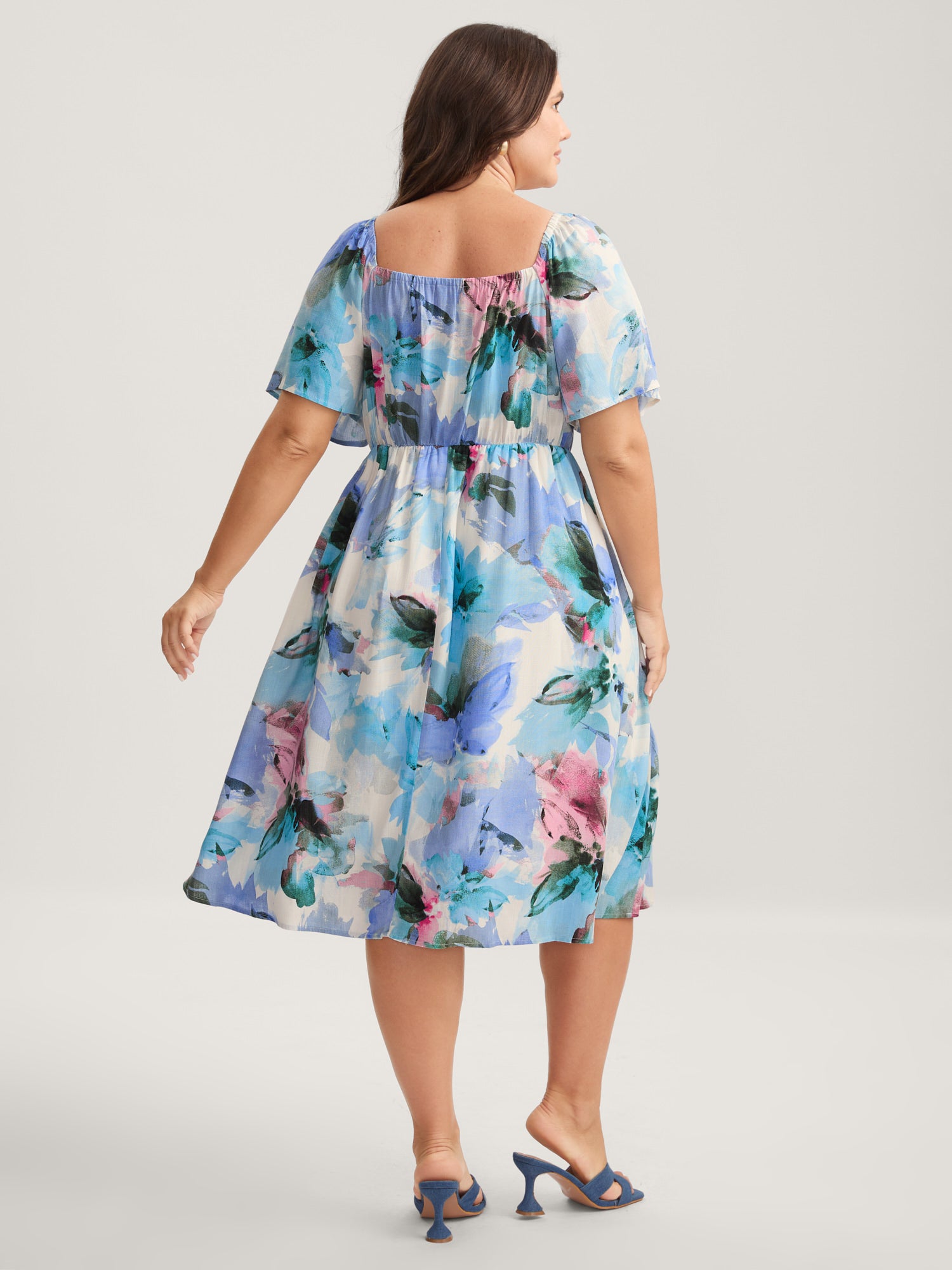 Floral Print Sweetheart Neck Pockets Midi Dress