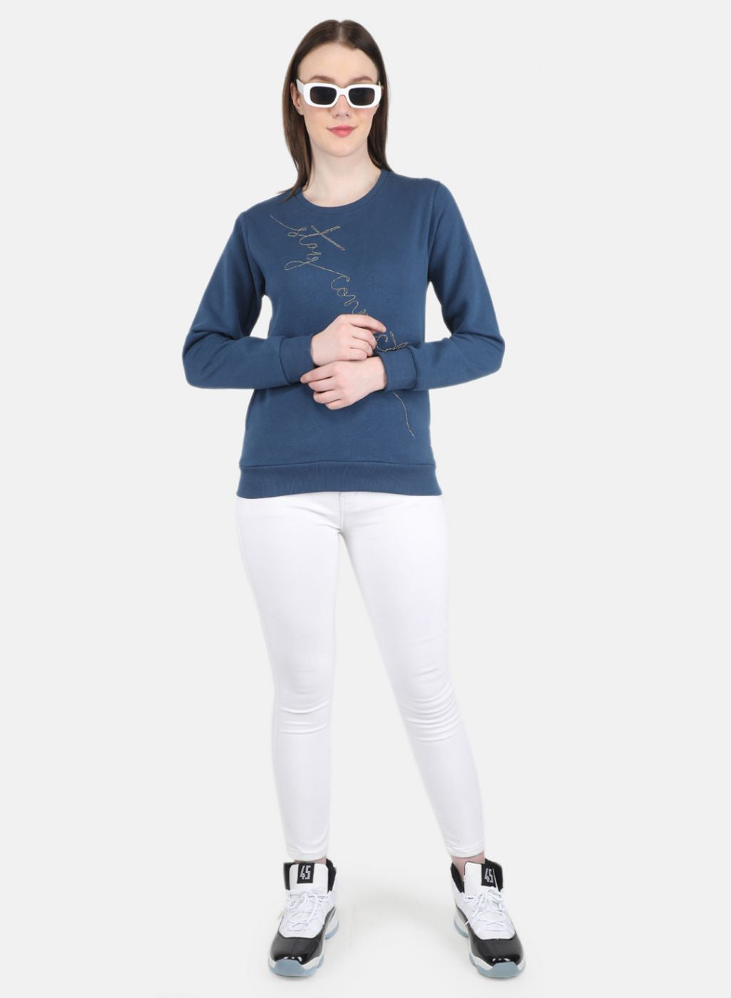 Women Blue Embroidered Round Neck Full Sleeve Sweatshirt