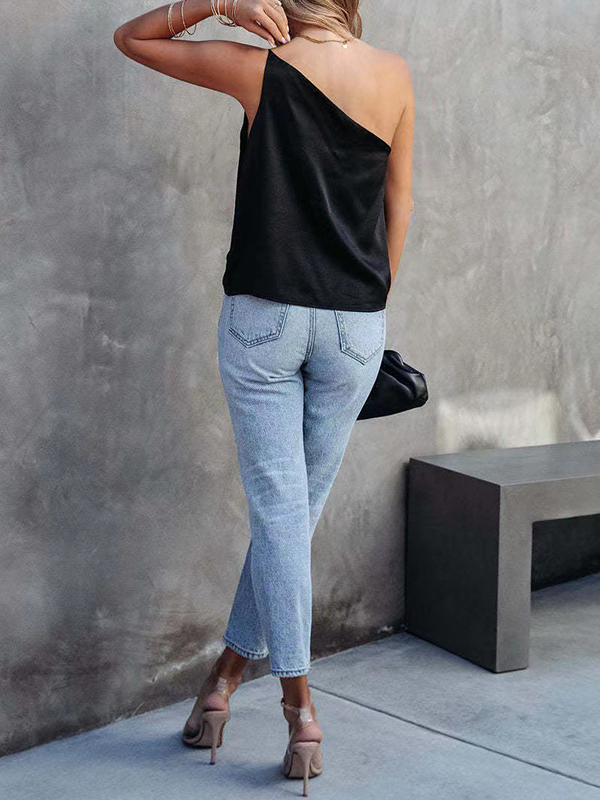 Loose Sleeveless Asymmetric Solid Color One-Shoulder Vest Top