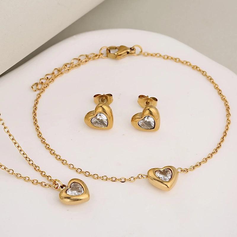 Classic Style Heart Shape 304 Stainless Steel Rhinestones Inlay Jewelry Set