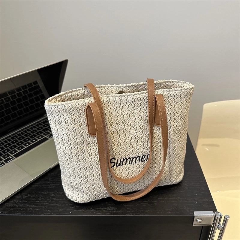 Women's Medium Straw Letter Vacation Beach Weave Zipper Straw Bag