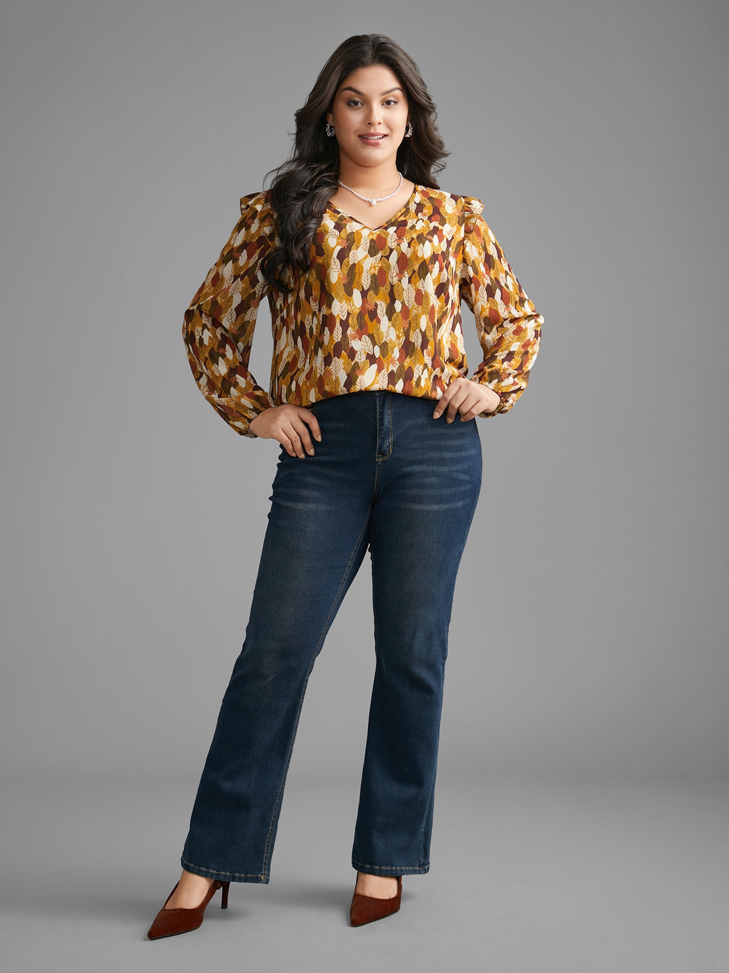 Leaves Print Ruffle Trim Slit Hem Blouse